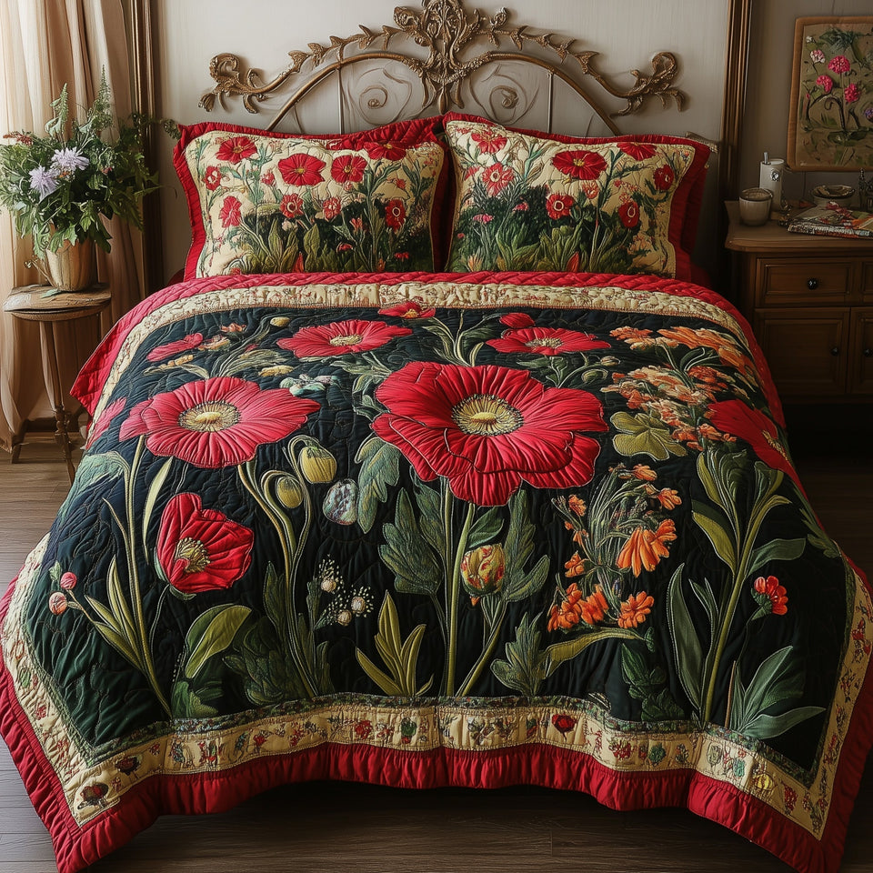 Vintage Flowers Red Poppy Field quilted bedding set, quilt and two pillow shams on a made bed