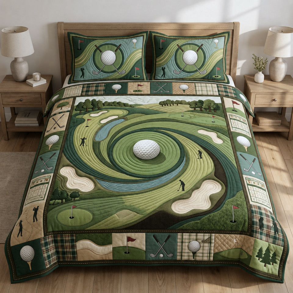 Vintage Golf Club Swirling Green Fairway quilted bedding set, quilt and two pillow shams on a made bed