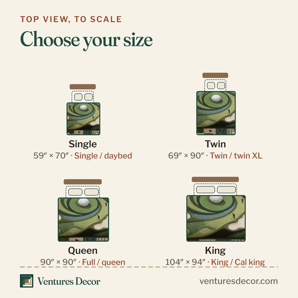 Size guide for the Vintage Golf Club Swirling Green Fairway quilt, top view to scale: Single 59 x 70 in, Twin 69 x 90 in, Queen 90 x 90 in, King 104 x 94 in