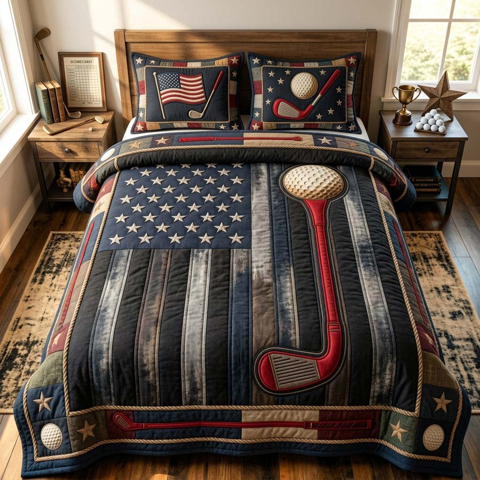 Vintage Golf Flag Dad quilted bedding set, quilt and two pillow shams on a made bed