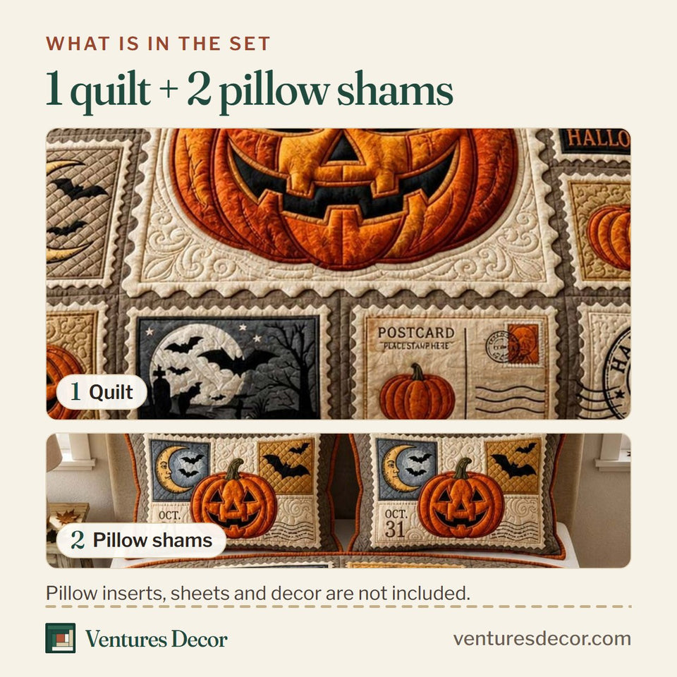 What is in the set: one quilt and two pillow shams, shown in the Vintage Halloween Post design