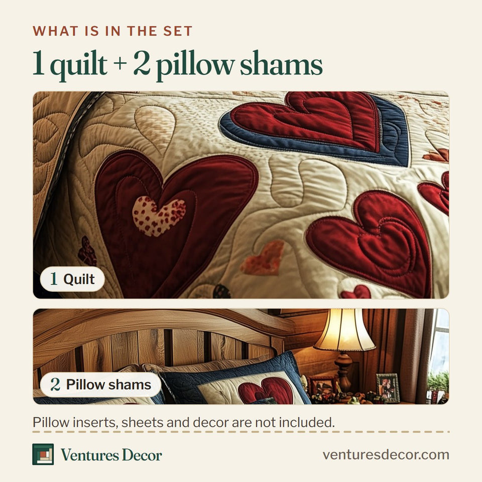 What is in the set: one quilt and two pillow shams, shown in the Vintage Heart Patch Romance design