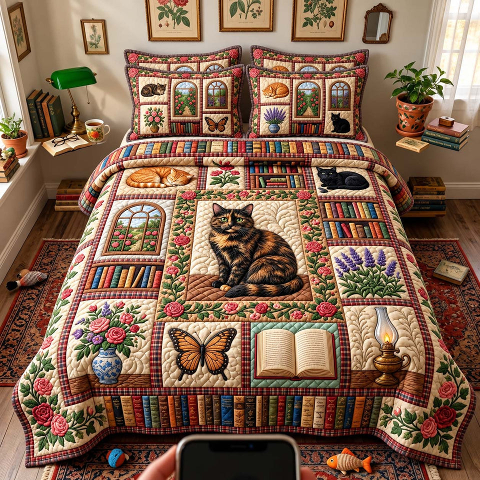 Vintage Library Cat quilted bedding set, quilt and two pillow shams on a made bed