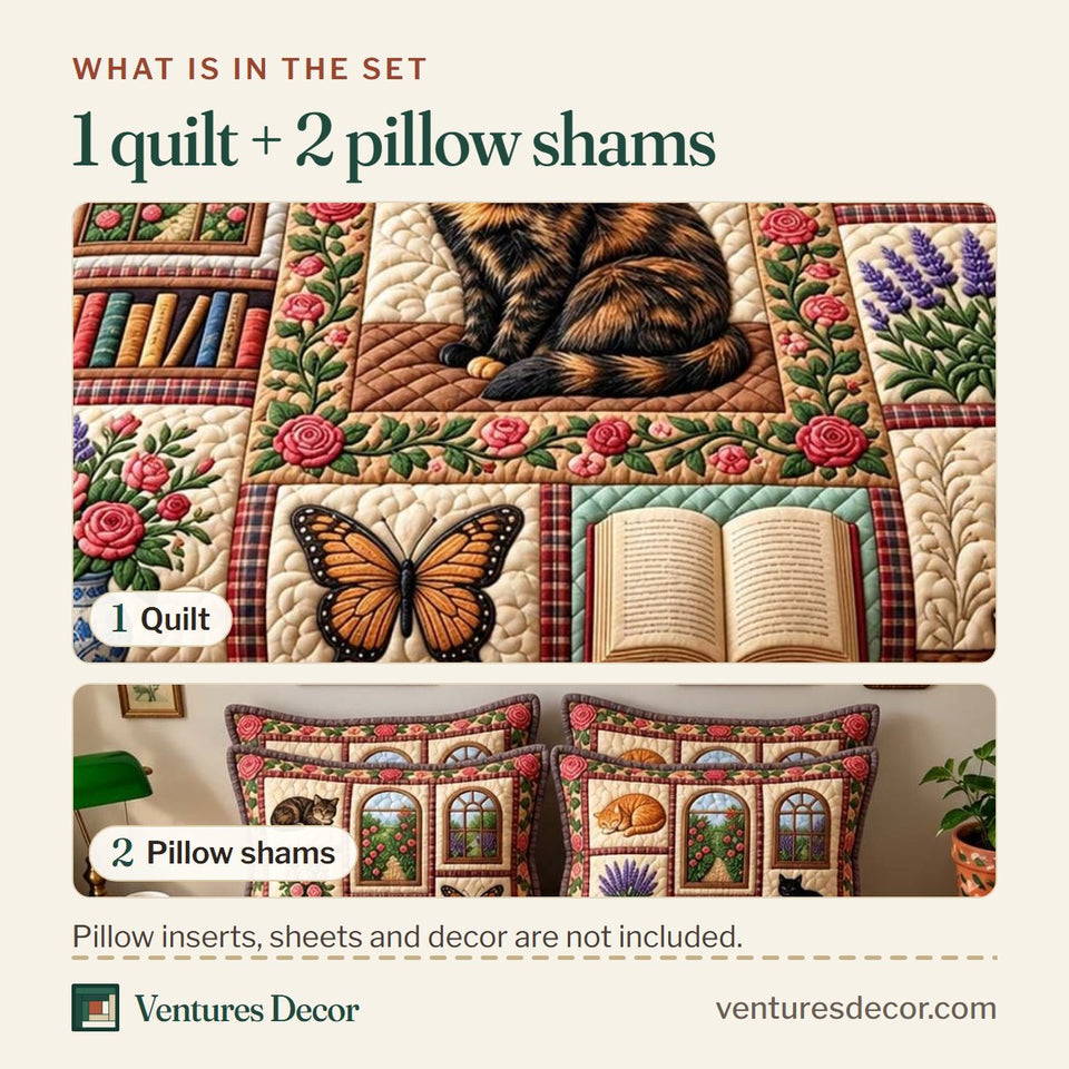 What is in the set: one quilt and two pillow shams, shown in the Vintage Library Cat Quilt Set, 3-Piece Quilted Bedding with 2 Pillow Shams design