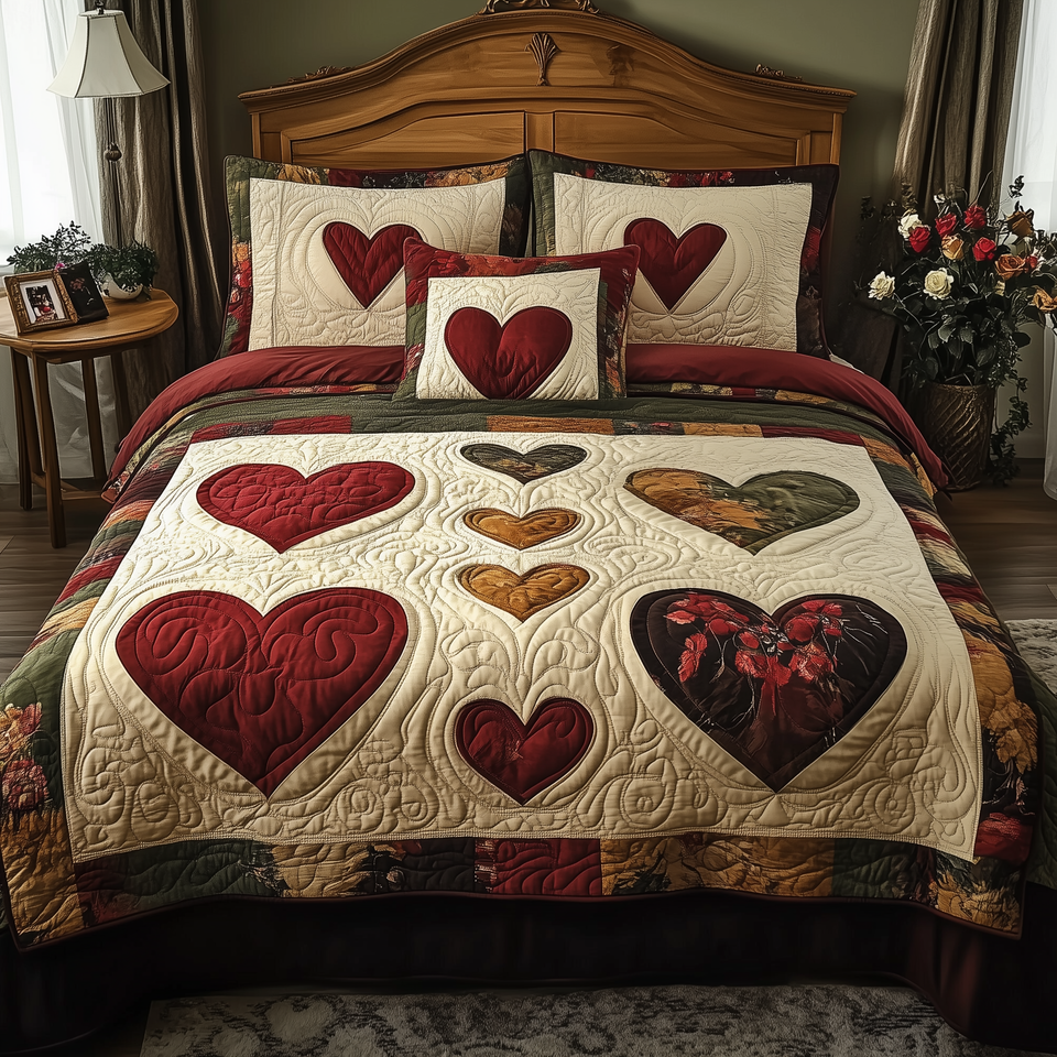 Vintage Love Heart Grid in Deep Red quilted bedding set, quilt and two pillow shams on a made bed