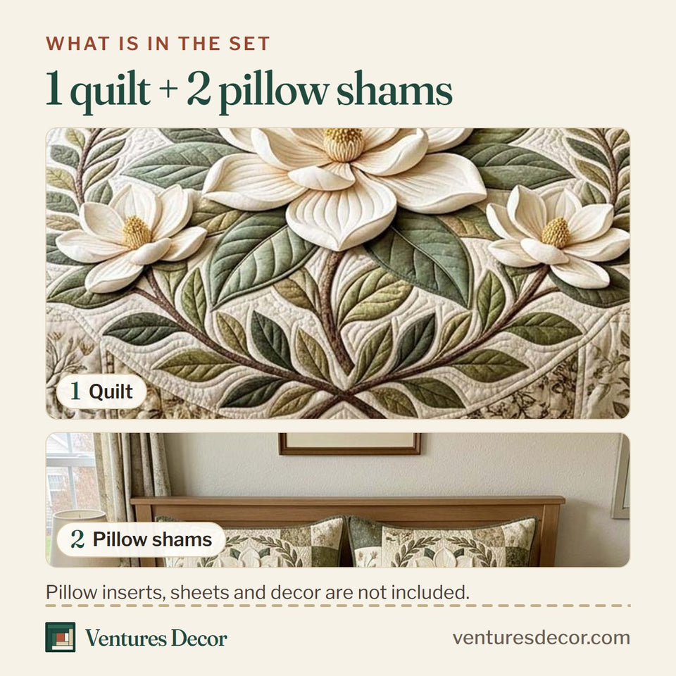 What is in the set: one quilt and two pillow shams, shown in the Vintage Magnolia design