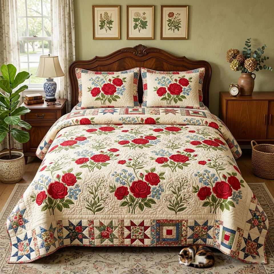 Vintage Red Rose quilted bedding set, quilt and two pillow shams on a made bed