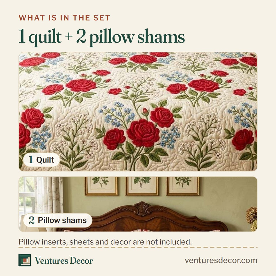 What is in the set: one quilt and two pillow shams, shown in the Vintage Red Rose design
