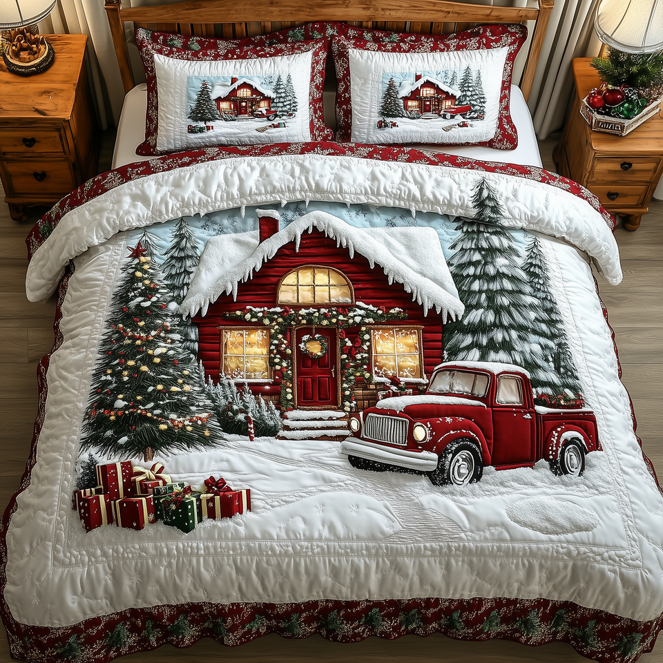 Vintage Red Truck And Cabin Gifts By The Door quilted bedding set, quilt and two pillow shams on a made bed