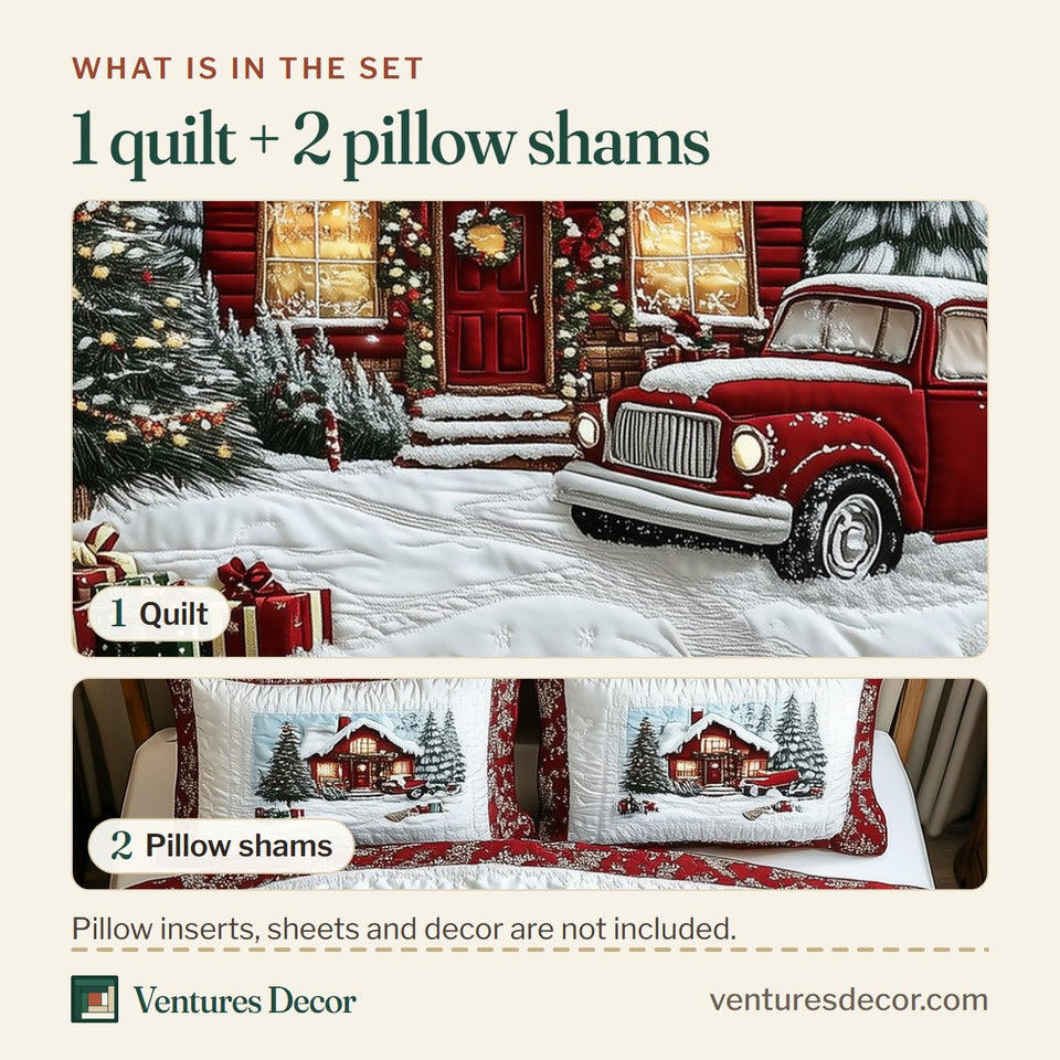 What is in the set: one quilt and two pillow shams, shown in the Vintage Red Truck And Cabin Gifts By The Door design