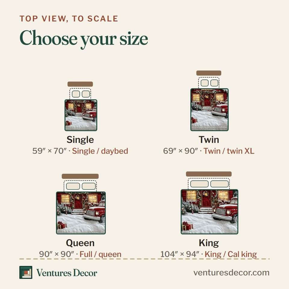 Size guide for the Vintage Red Truck And Cabin Gifts By The Door quilt, top view to scale: Single 59 x 70 in, Twin 69 x 90 in, Queen 90 x 90 in, King 104 x 94 in