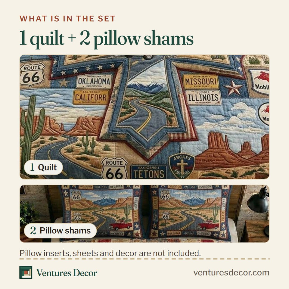 What is in the set: one quilt and two pillow shams, shown in the Vintage Route 66 design