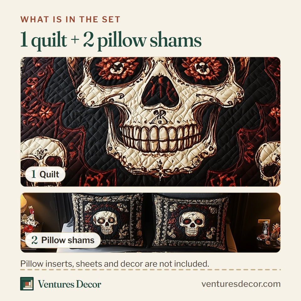 What is in the set: one quilt and two pillow shams, shown in the Vintage Skull Deep Red Damask Frame design
