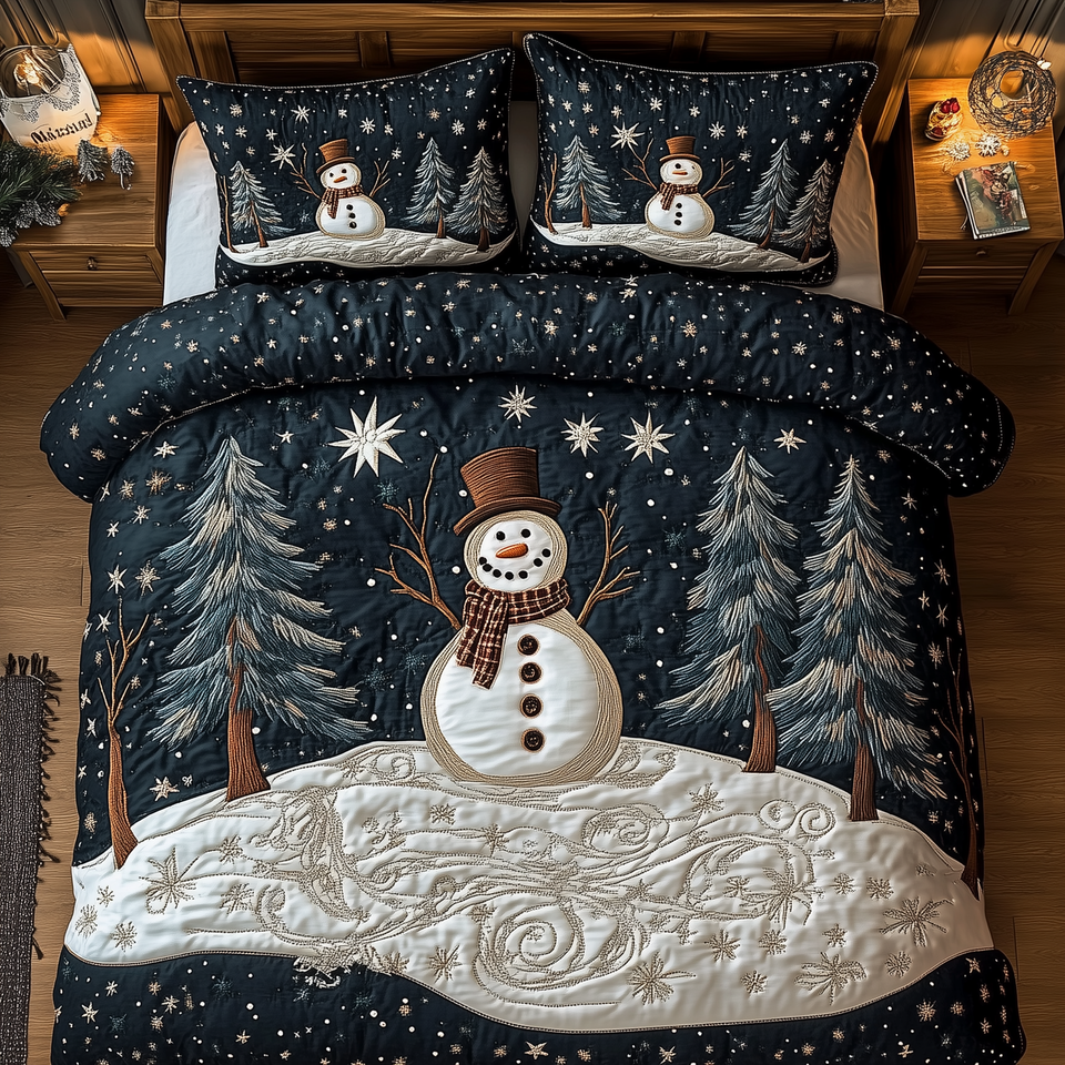 Vintage Snowman Starry Night Slim Pines quilted bedding set, quilt and two pillow shams on a made bed