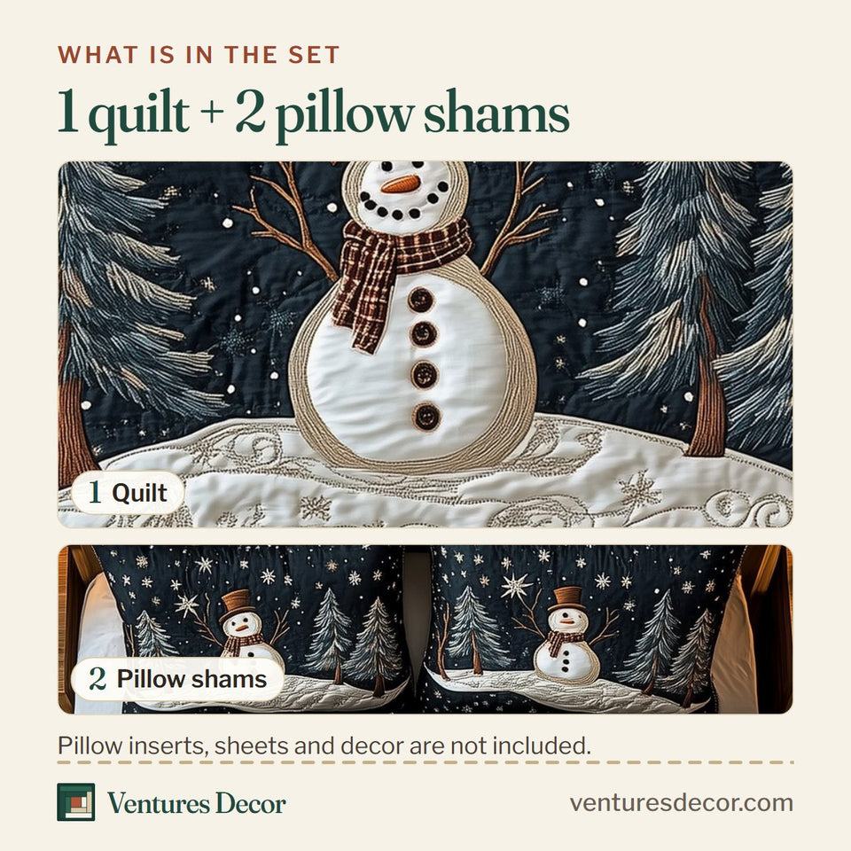 What is in the set: one quilt and two pillow shams, shown in the Vintage Snowman Starry Night Slim Pines design