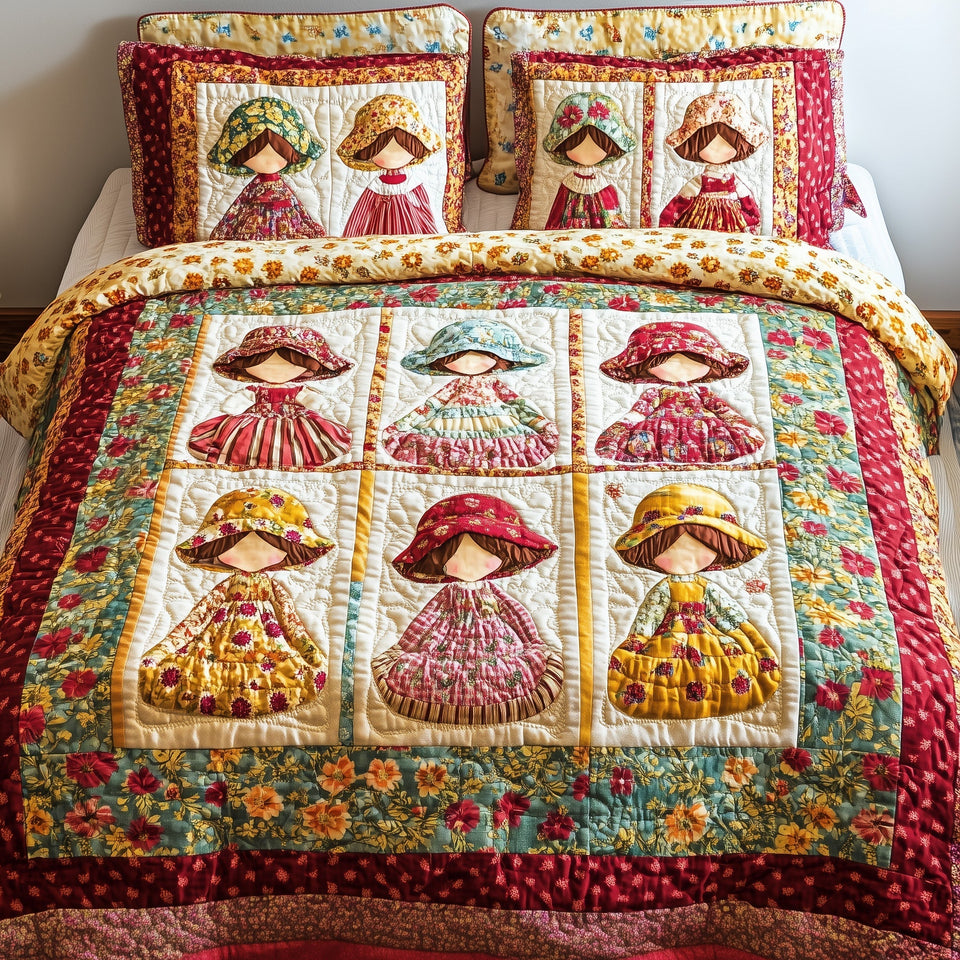 Vintage Sunbonnet Sue quilted bedding set, quilt and two pillow shams on a made bed