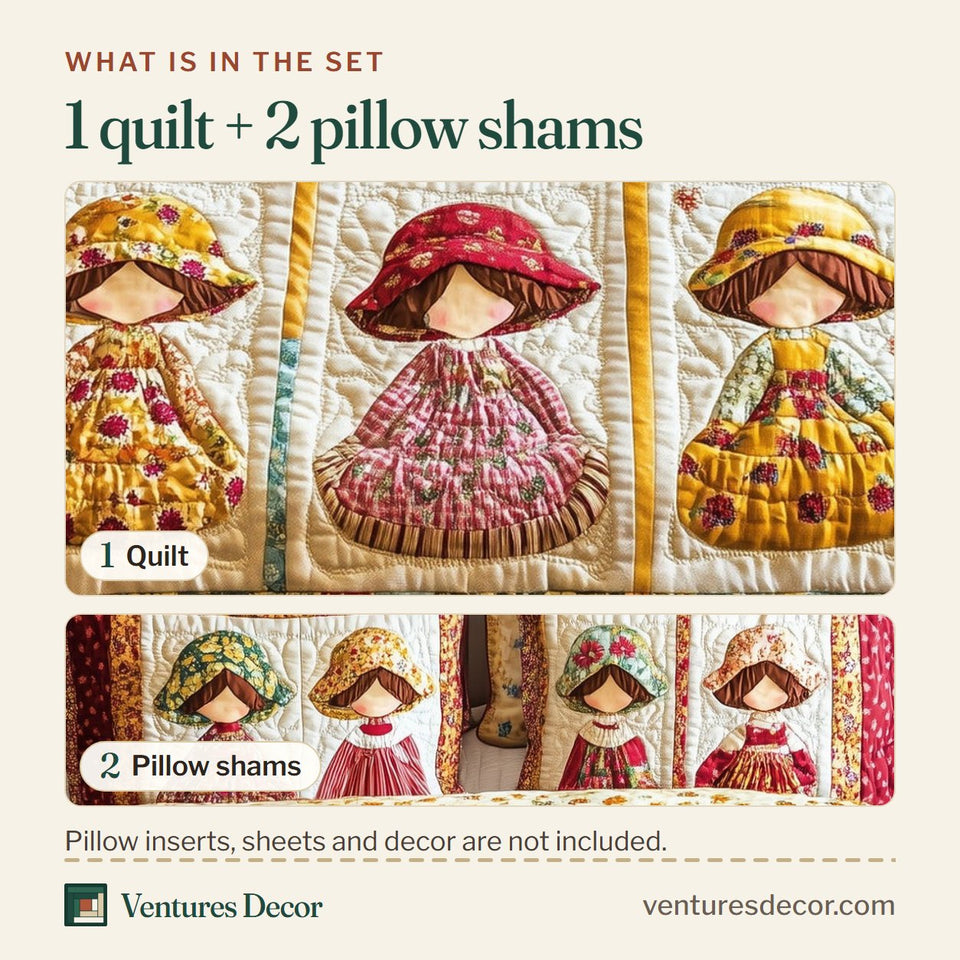 What is in the set: one quilt and two pillow shams, shown in the Vintage Sunbonnet Sue design