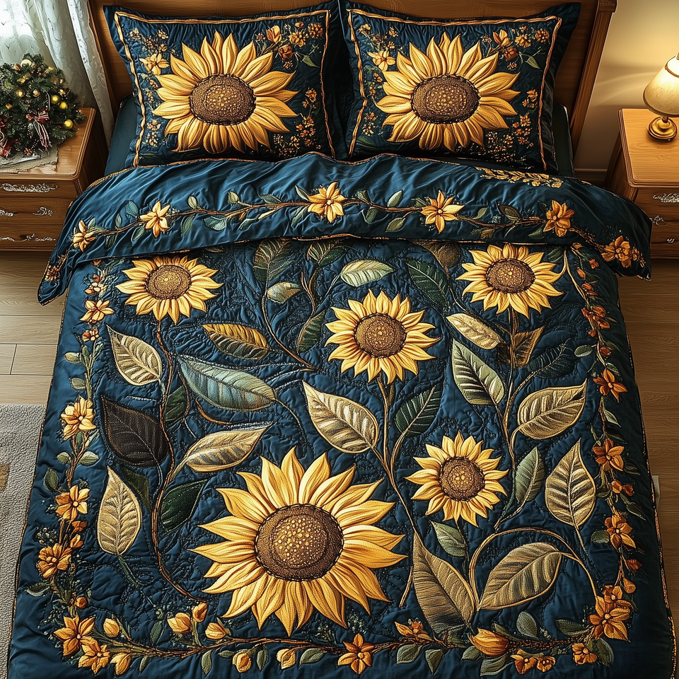 Vintage Sunflower Indigo Night quilted bedding set, quilt and two pillow shams on a made bed