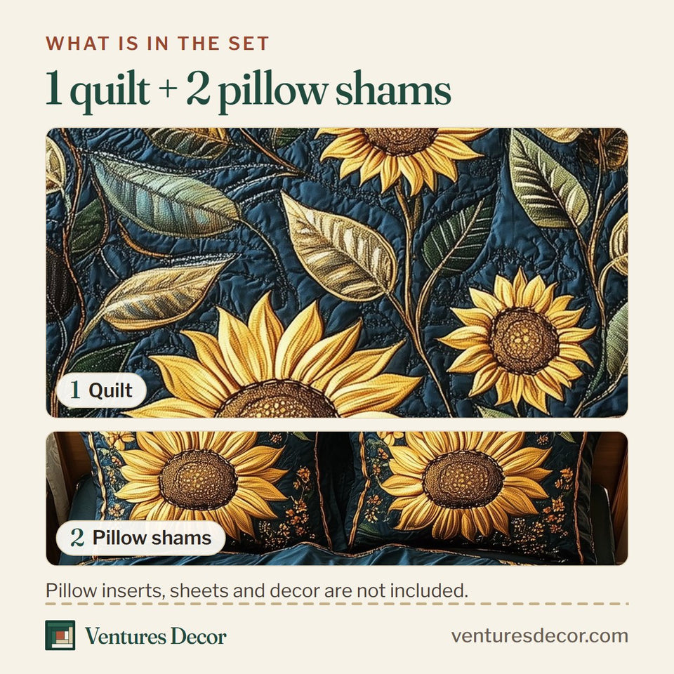 What is in the set: one quilt and two pillow shams, shown in the Vintage Sunflower Indigo Night design