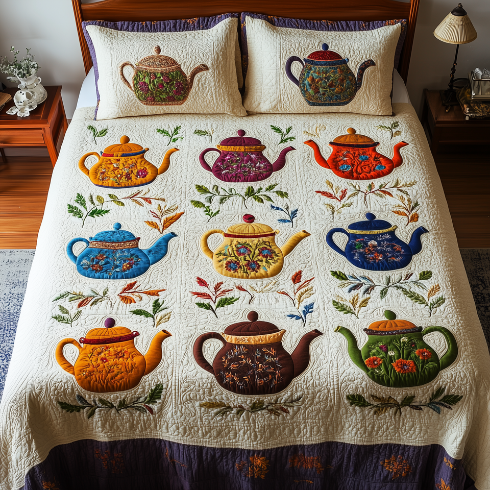 Vintage Teapot quilted bedding set, quilt and two pillow shams on a made bed