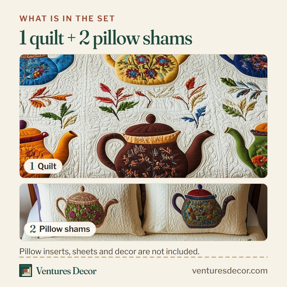 What is in the set: one quilt and two pillow shams, shown in the Vintage Teapot design