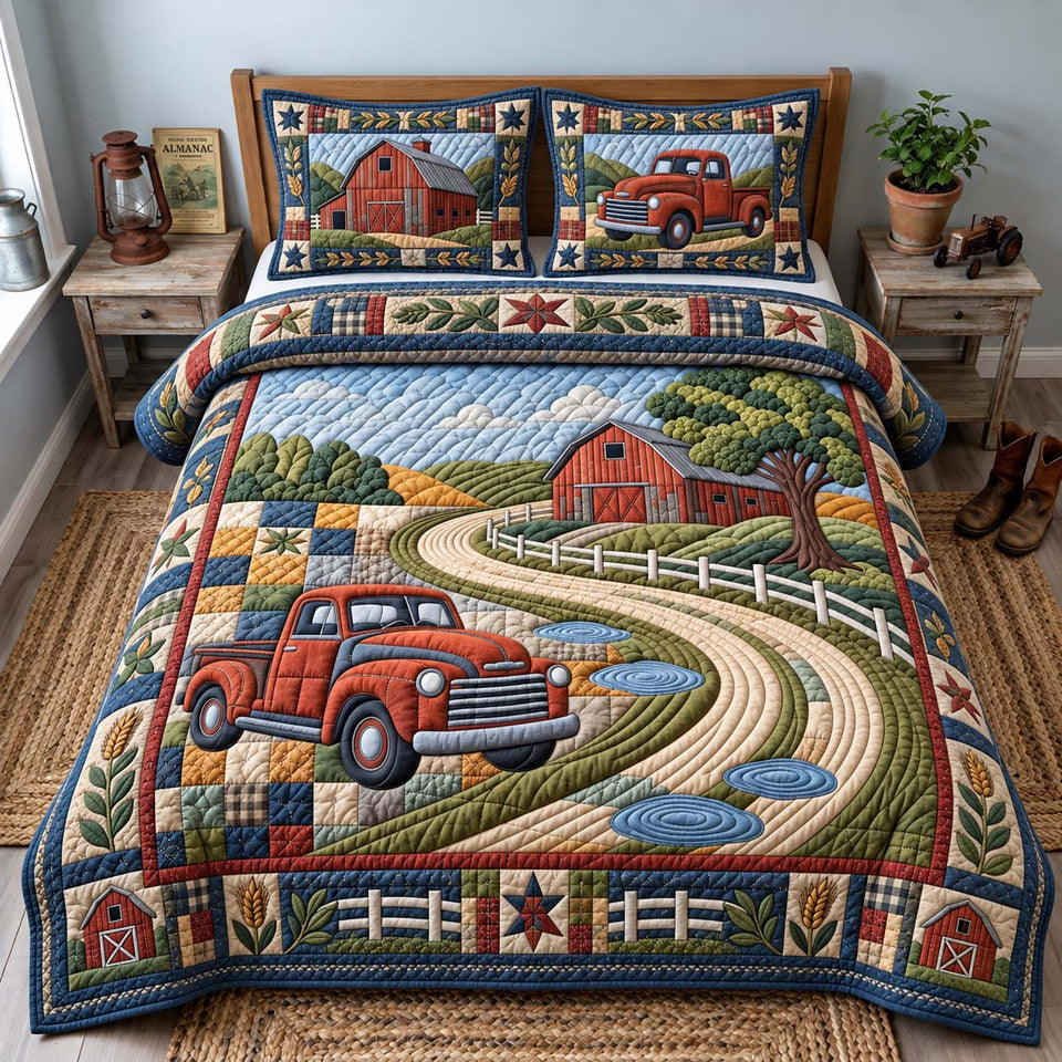 Vintage Truck Farm quilted bedding set, quilt and two pillow shams on a made bed