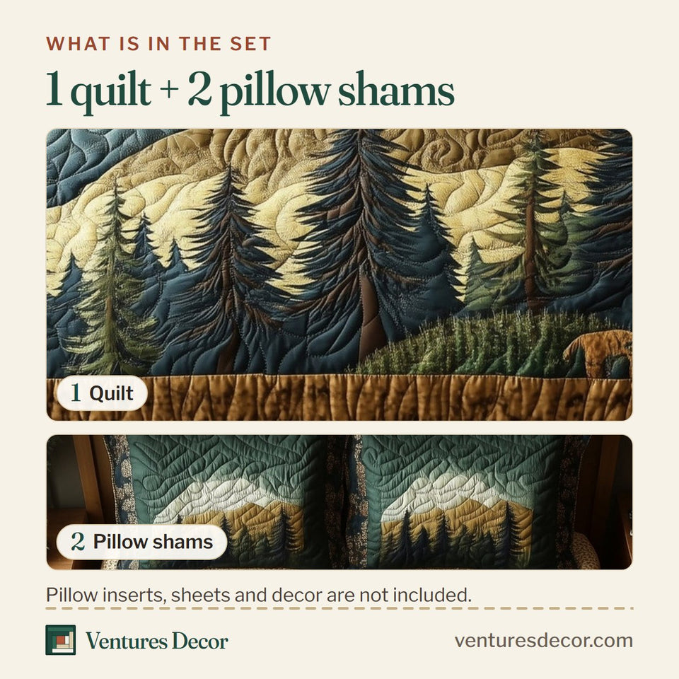 What is in the set: one quilt and two pillow shams, shown in the Vintage Woodland Green Ridges And Pale Sky design