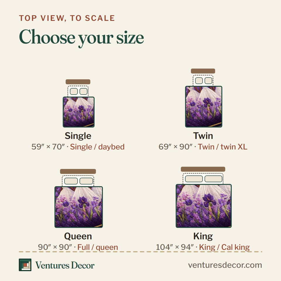 Size guide for the Violet Elegance quilt, top view to scale: Single 59 x 70 in, Twin 69 x 90 in, Queen 90 x 90 in, King 104 x 94 in
