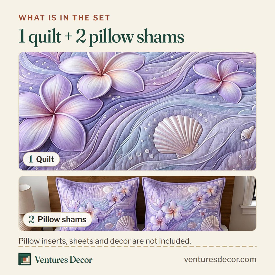 What is in the set: one quilt and two pillow shams, shown in the Violet Plumeria Breeze design