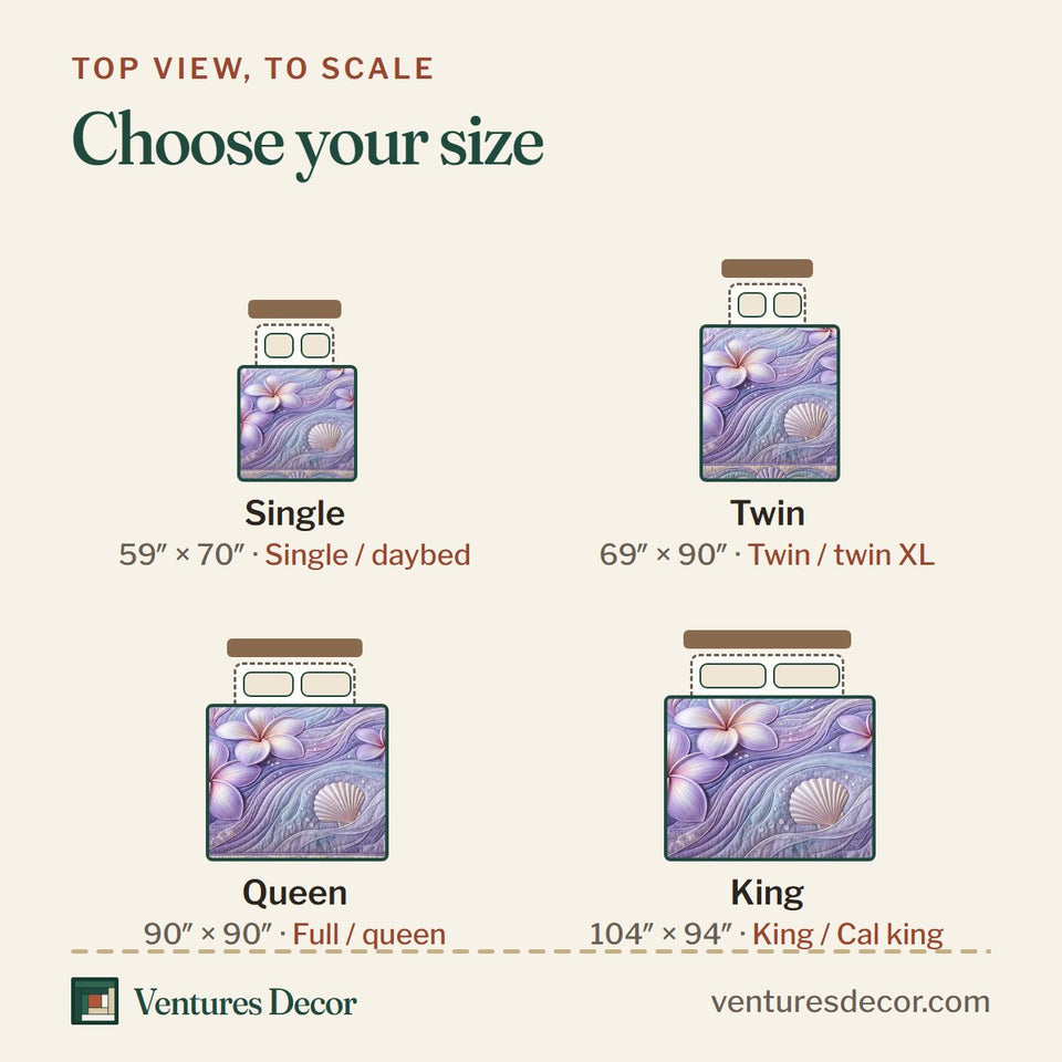 Size guide for the Violet Plumeria Breeze quilt, top view to scale: Single 59 x 70 in, Twin 69 x 90 in, Queen 90 x 90 in, King 104 x 94 in