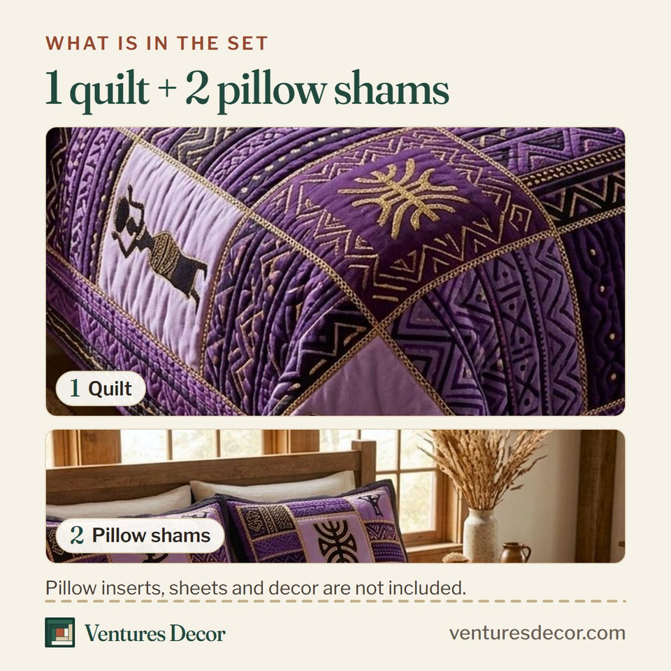 What is in the set: one quilt and two pillow shams, shown in the Violet Rhythm Silhouettes design