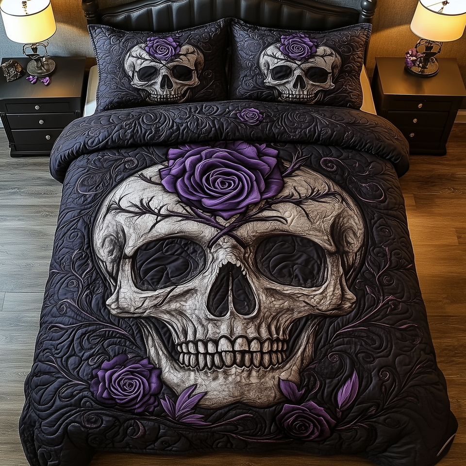 Violet Rose Gothic Skull quilted bedding set, quilt and two pillow shams on a made bed