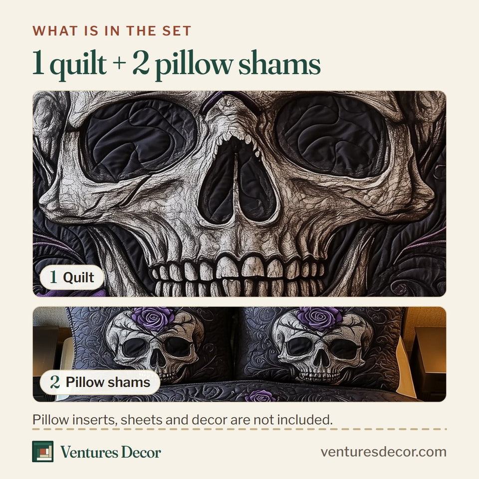 What is in the set: one quilt and two pillow shams, shown in the Violet Rose Gothic Skull design