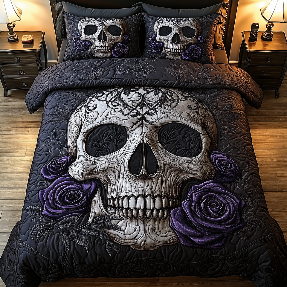 Violet Rose Skull Roses On Both Sides quilted bedding set, quilt and two pillow shams on a made bed