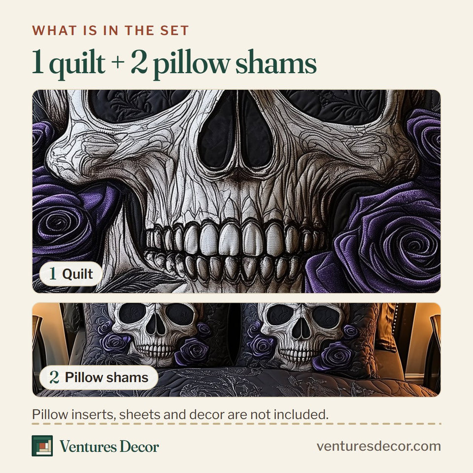 What is in the set: one quilt and two pillow shams, shown in the Violet Rose Skull Roses On Both Sides design
