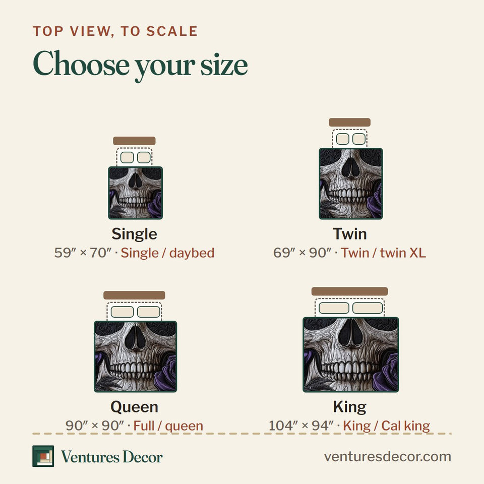 Size guide for the Violet Rose Skull Roses On Both Sides quilt, top view to scale: Single 59 x 70 in, Twin 69 x 90 in, Queen 90 x 90 in, King 104 x 94 in