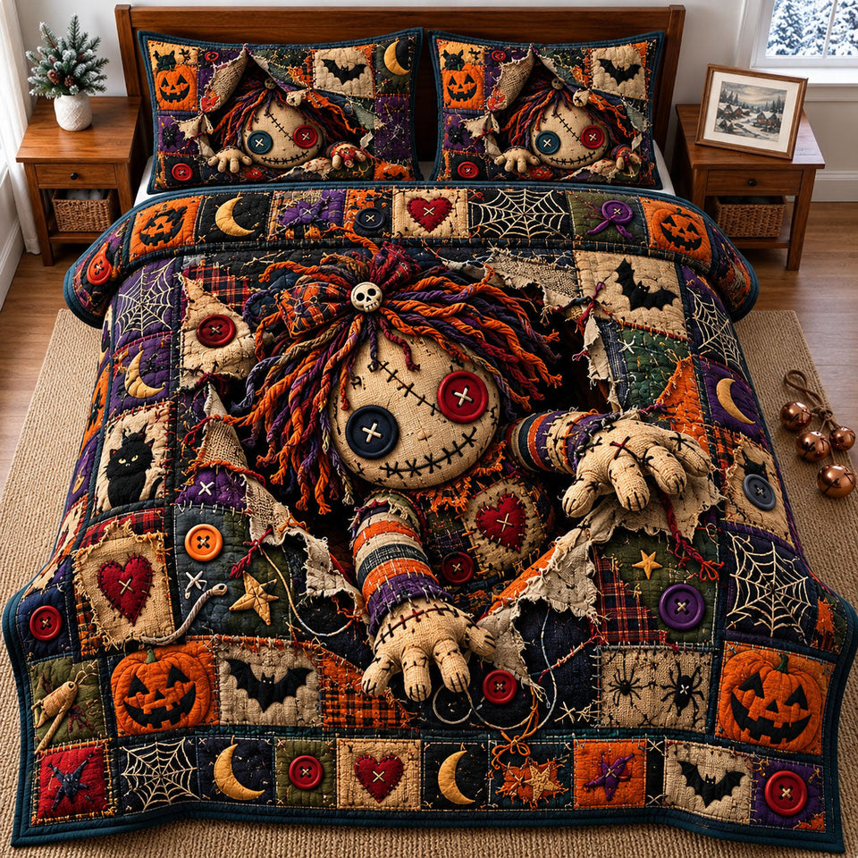 Voodoo Doll in Black quilted bedding set, quilt and two pillow shams on a made bed