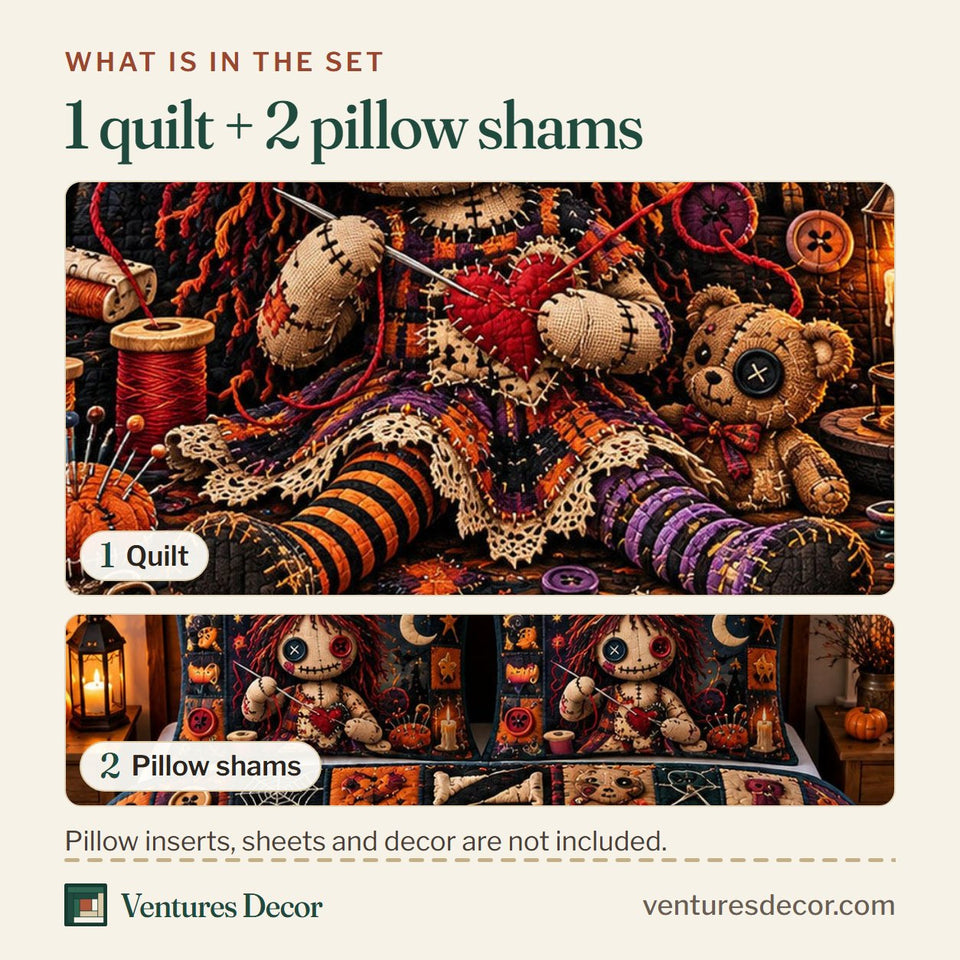 What is in the set: one quilt and two pillow shams, shown in the Voodoo Doll in Black Quilt Set, 3-Piece Quilted Bedding with 2 Pillow Shams design
