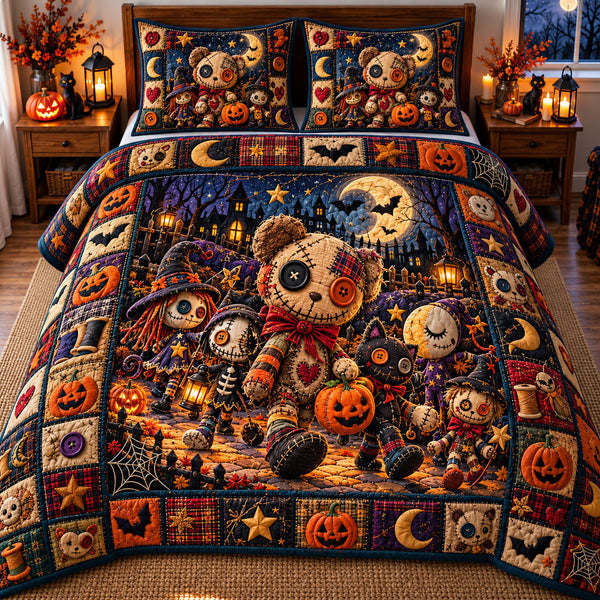 Voodoo Doll in Brown and Black quilted bedding set, quilt and two pillow shams on a made bed