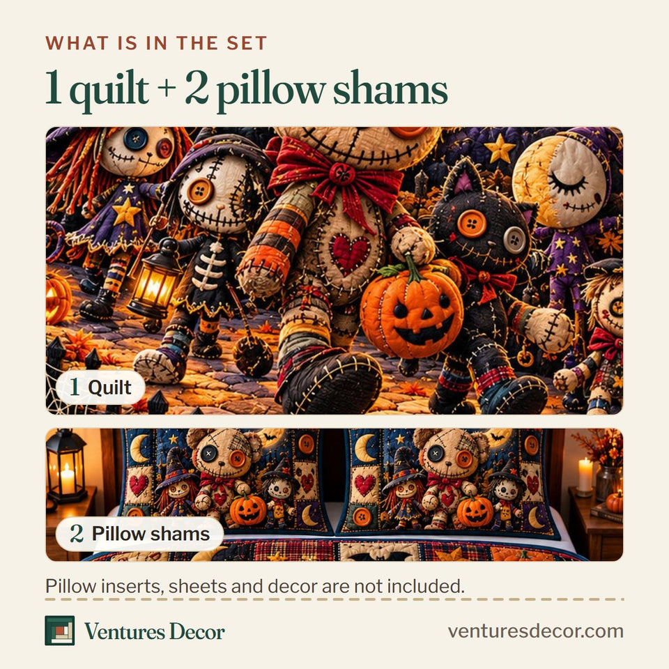 What is in the set: one quilt and two pillow shams, shown in the Voodoo Doll in Brown and Black Quilt Set, 3-Piece Quilted Bedding with 2 Pillow Shams design