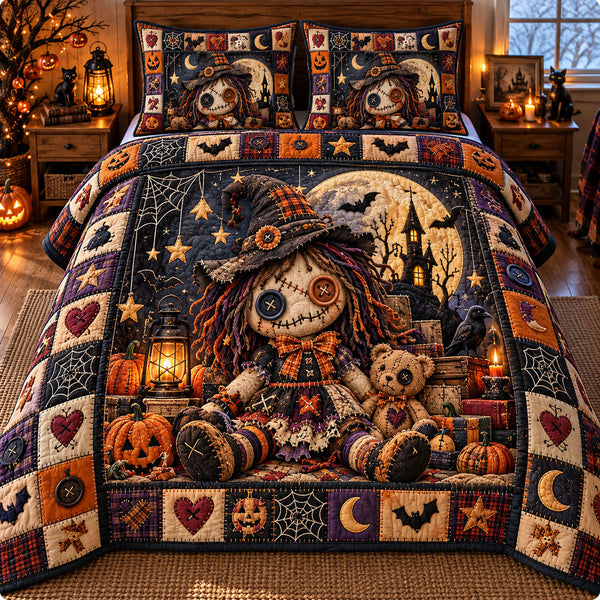 Voodoo Doll in Brown and Charcoal quilted bedding set, quilt and two pillow shams on a made bed