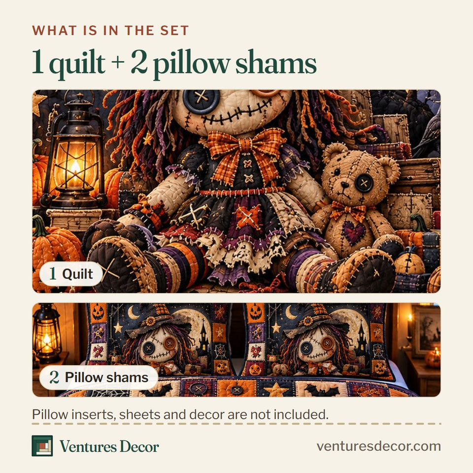What is in the set: one quilt and two pillow shams, shown in the Voodoo Doll in Brown and Charcoal Quilt Set, 3-Piece Quilted Bedding with 2 Pillow Shams design