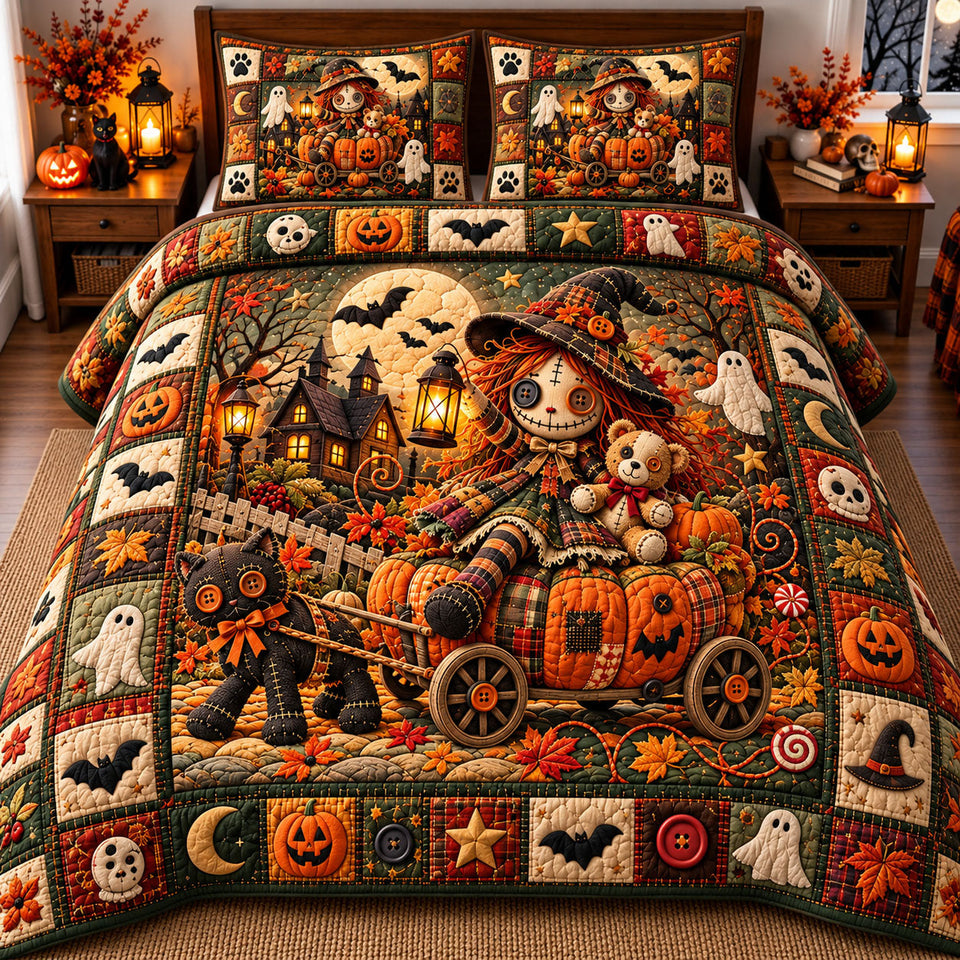 Voodoo Doll in Brown quilted bedding set, quilt and two pillow shams on a made bed