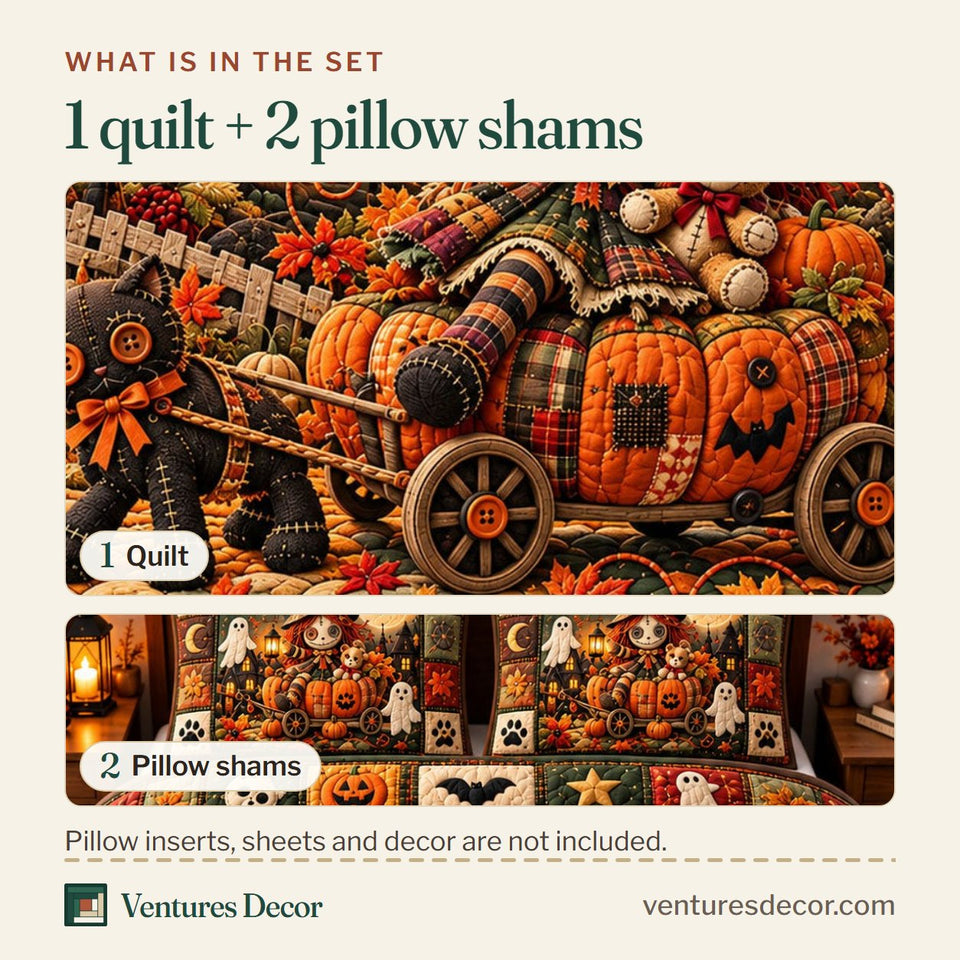 What is in the set: one quilt and two pillow shams, shown in the Voodoo Doll in Brown Quilt Set, 3-Piece Quilted Bedding with 2 Pillow Shams design