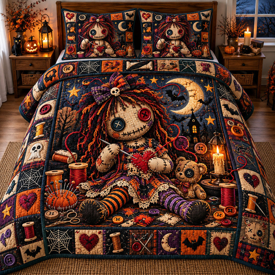 Voodoo Doll in Burgundy quilted bedding set, quilt and two pillow shams on a made bed