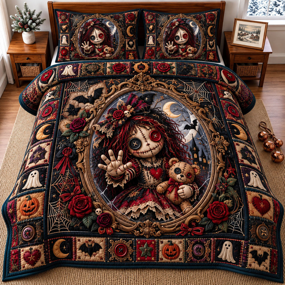 Voodoo Doll in Charcoal quilted bedding set, quilt and two pillow shams on a made bed