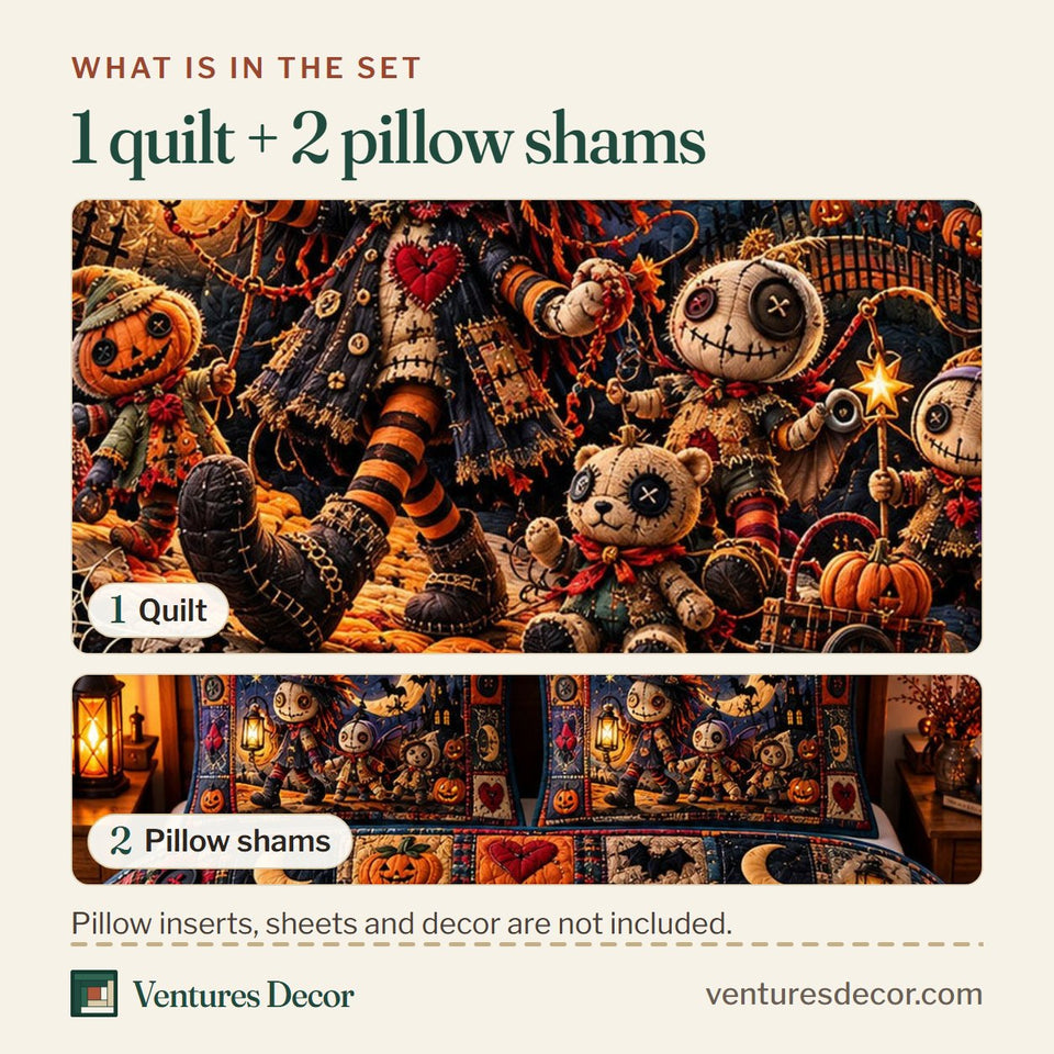 What is in the set: one quilt and two pillow shams, shown in the Voodoo Doll in Charcoal Quilt Set, 3-Piece Quilted Bedding with 2 Pillow Shams design