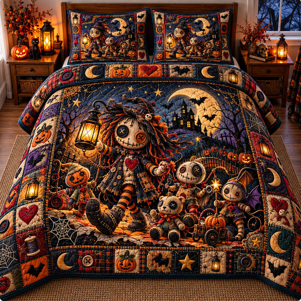 Voodoo Doll quilted bedding set, quilt and two pillow shams on a made bed