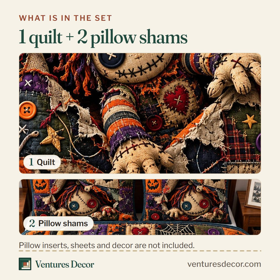 What is in the set: one quilt and two pillow shams, shown in the Voodoo Doll Quilt Set, 3-Piece Quilted Bedding with 2 Pillow Shams design