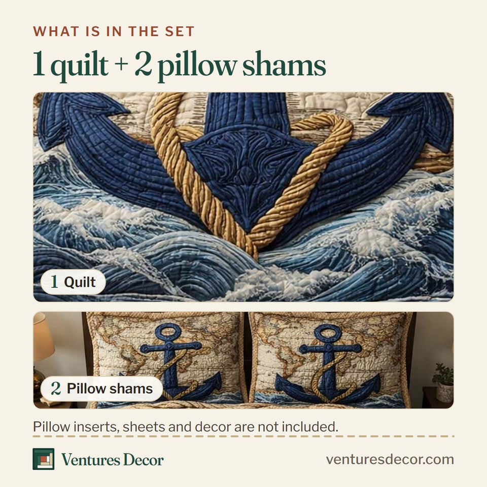 What is in the set: one quilt and two pillow shams, shown in the Voyage Anchor design